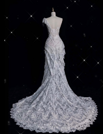 Niulatu High Low One Shoulder Lace White Long Wedding Dresses SD1943